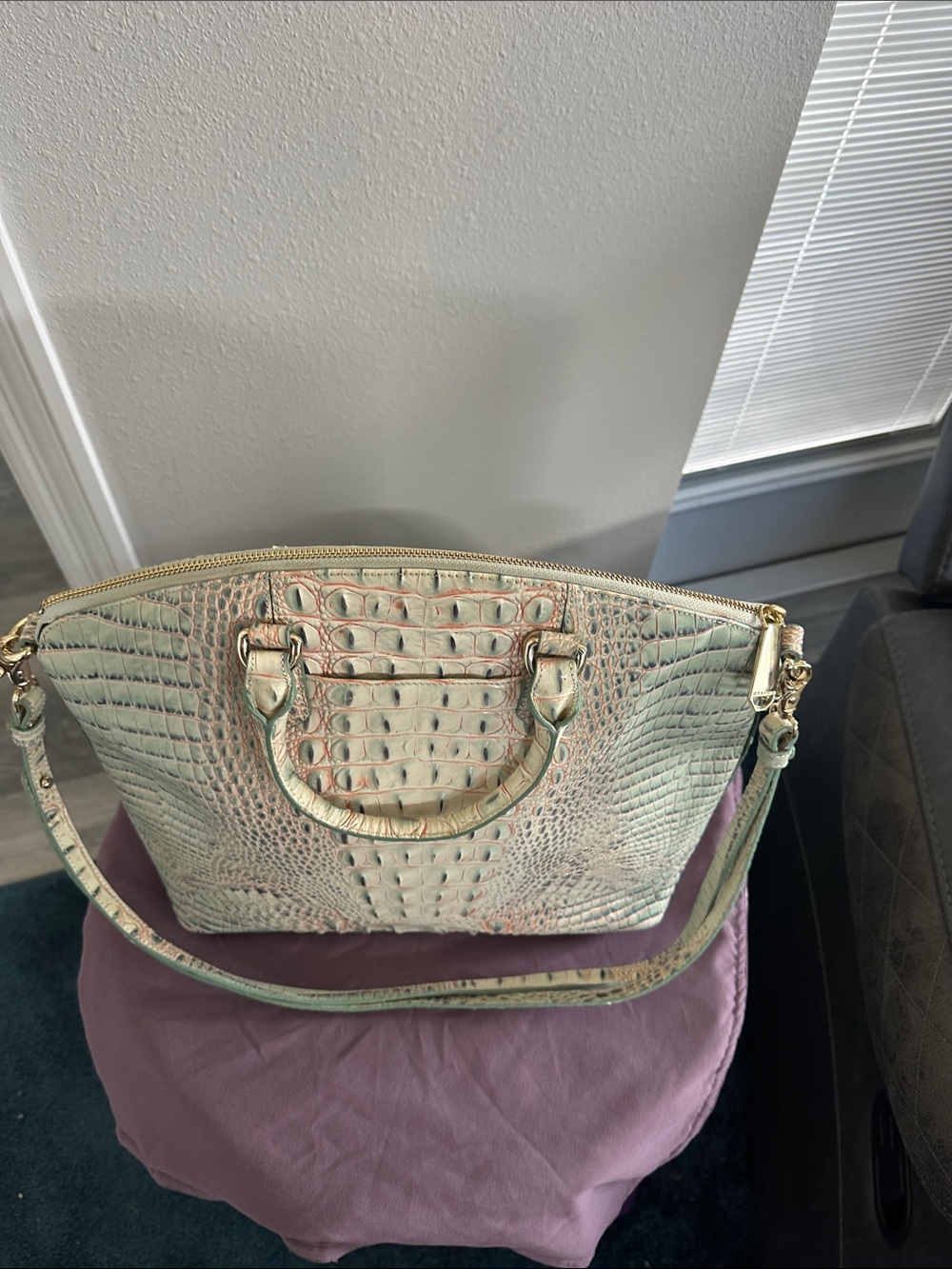 Brahmin Croc-Embossed Satchel in Pale Mint with Gold Hardware